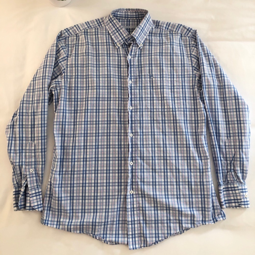 Southern Tide Mens Button Down Blue Pink Plaid Med